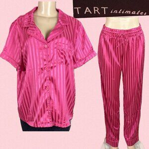 Tart L Satin Pink Faint Striped Button Short Sleeve Top/Satin Pants Pajama Set